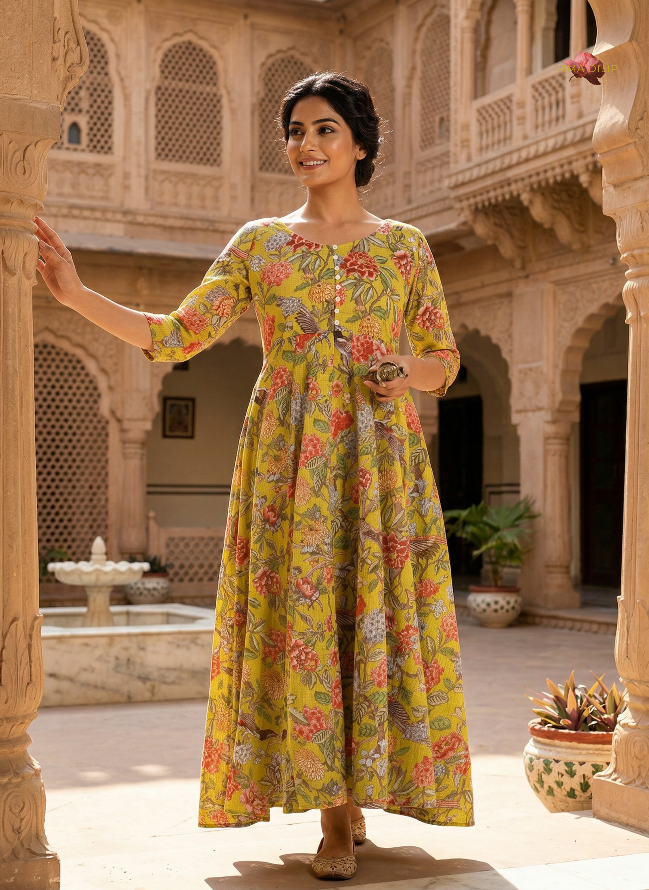 Mustard Floral Cotton Kota Dress with Kallies – Vima Dilip