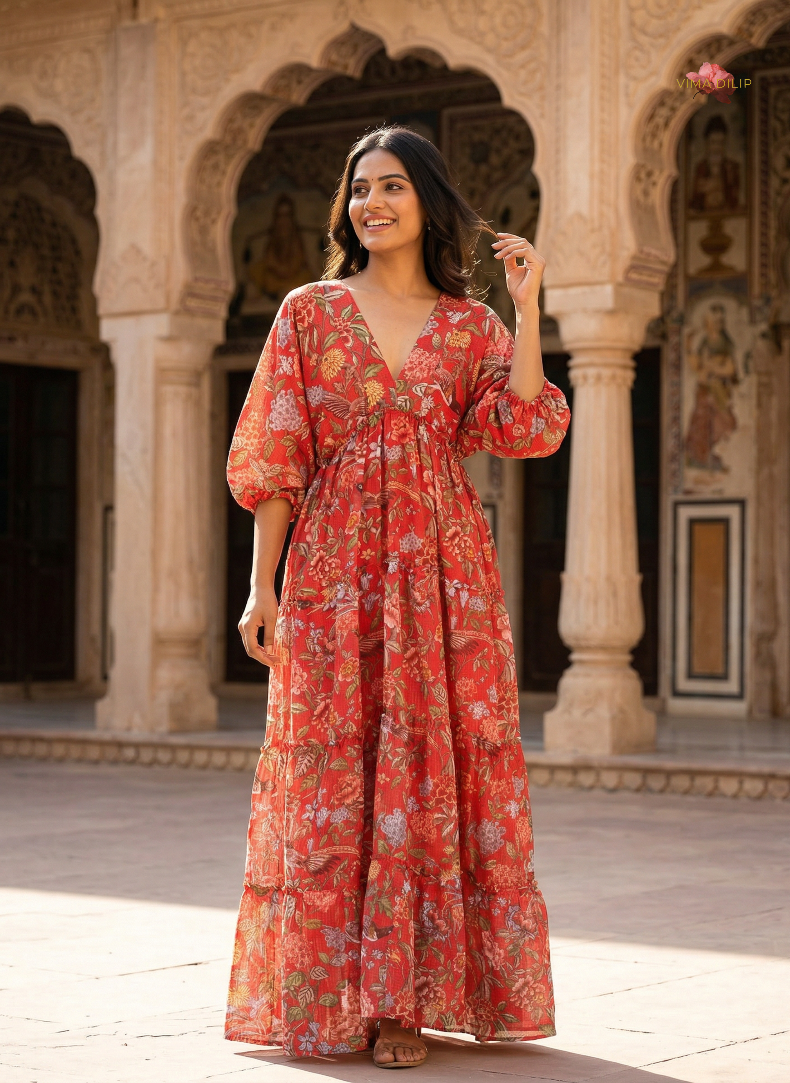 Red Floral Cotton Kota Layered Dress – Vima Dilip