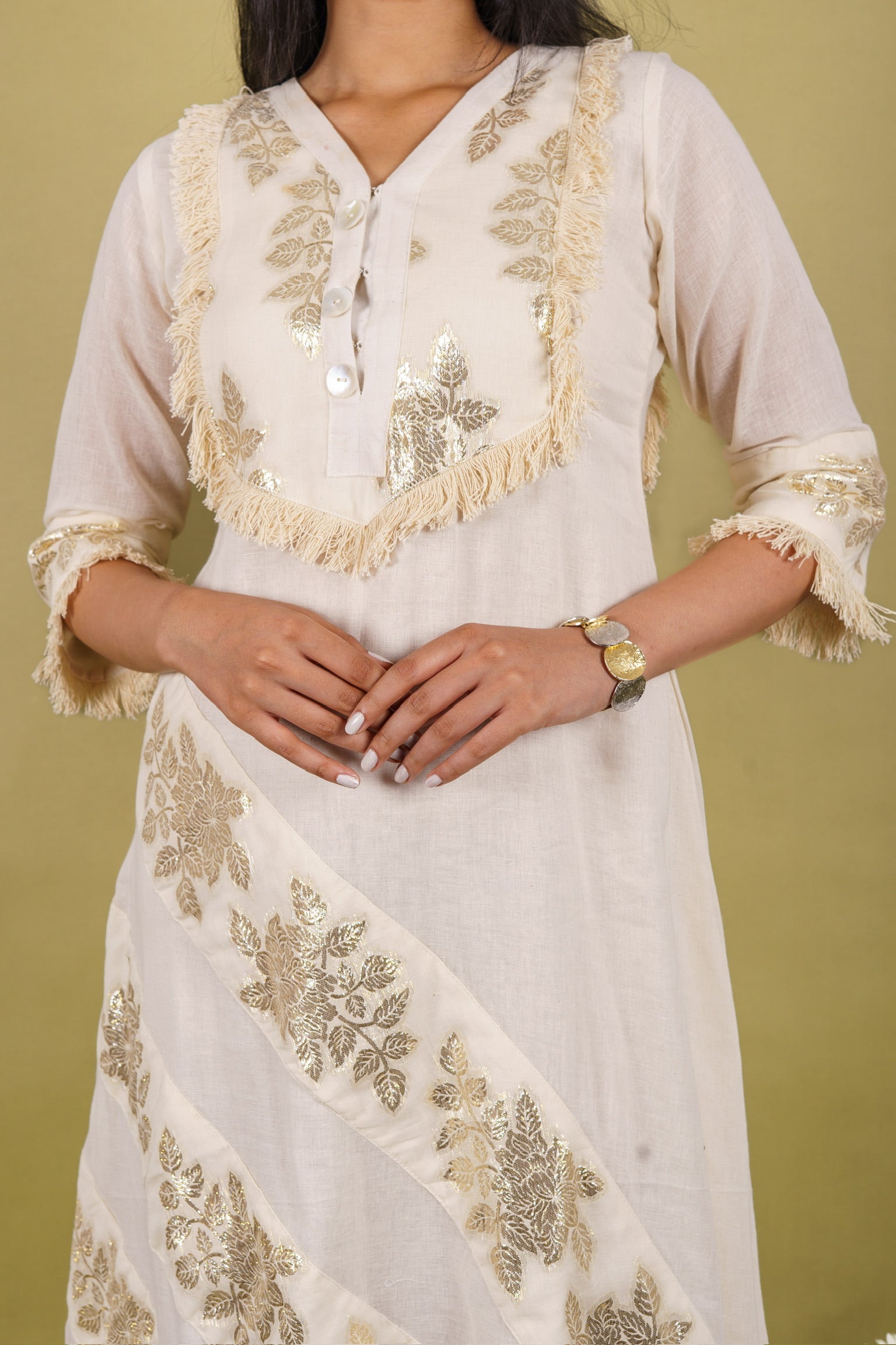 Off-white cotton dress with silver patti appliqué