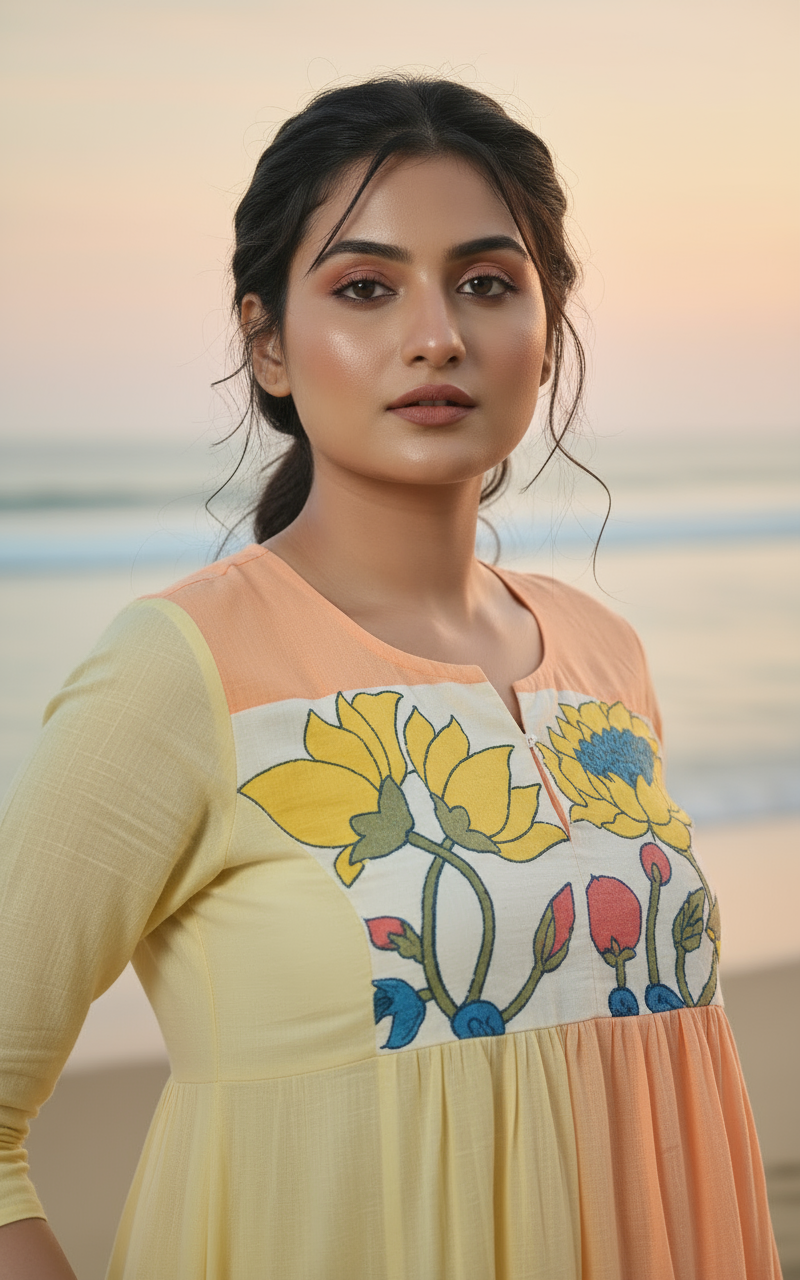 Ombré Cotton Dress with Hand-Painted Kalamkari Yoke