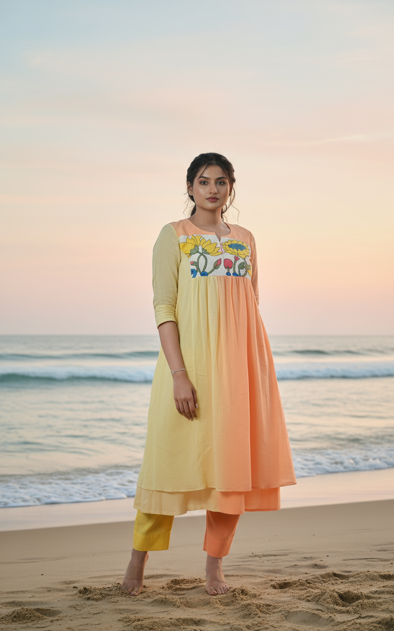 Ombré Cotton Dress with Hand-Painted Kalamkari Yoke