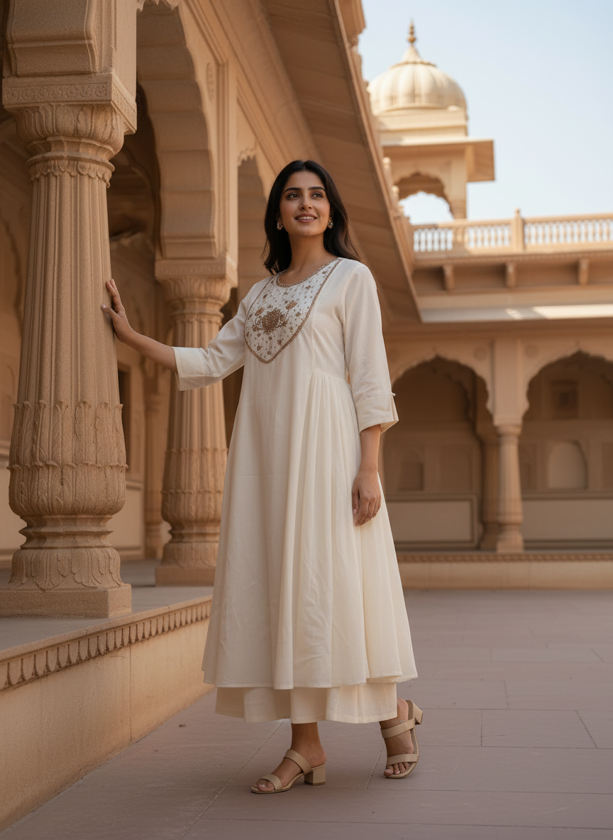 Off-White Cotton Dress with Zardozi & Pitta Work