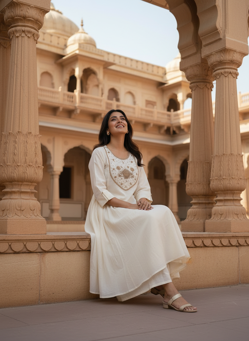 Off-White Cotton Dress with Zardozi & Pitta Work