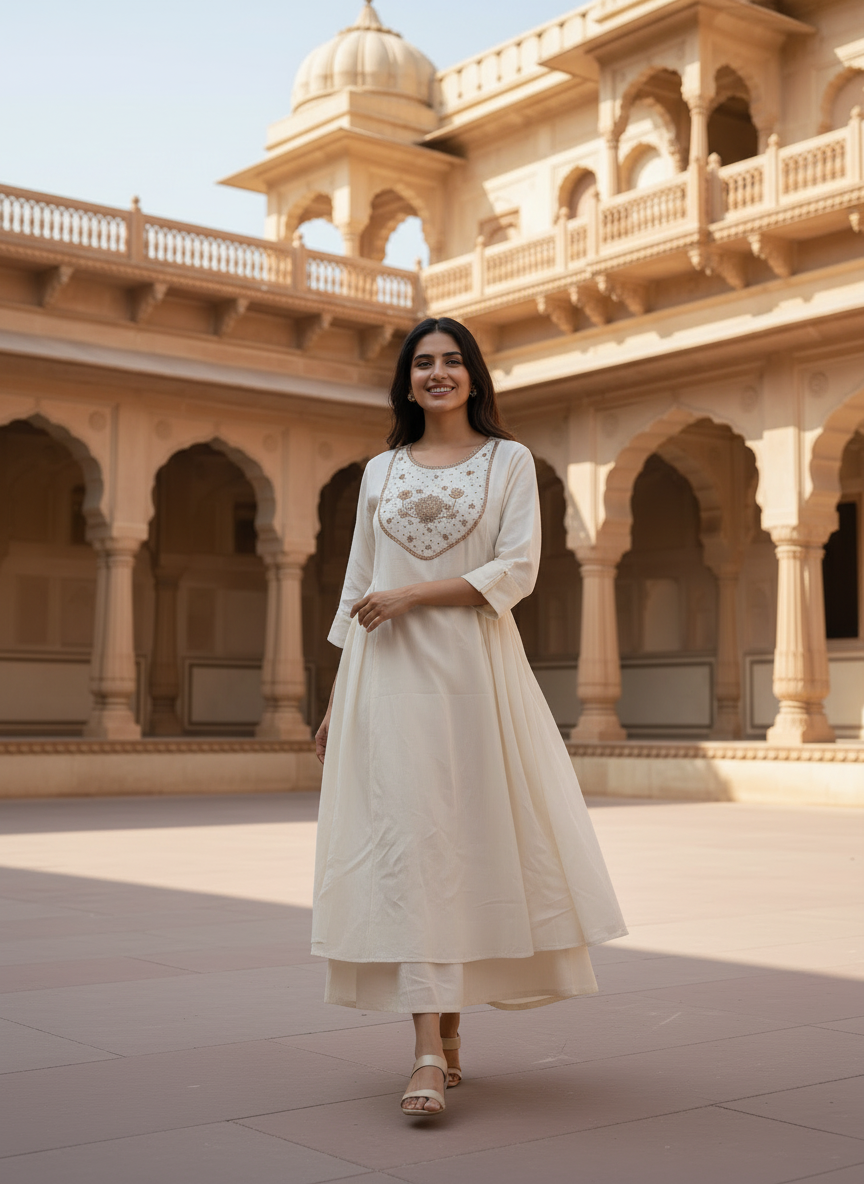 Off-White Cotton Dress with Zardozi & Pitta Work