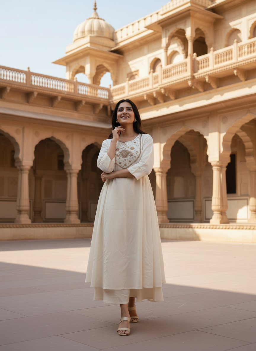 Off-White Cotton Dress with Zardozi & Pitta Work