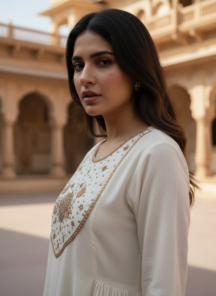 Off-White Cotton Dress with Zardozi & Pitta Work