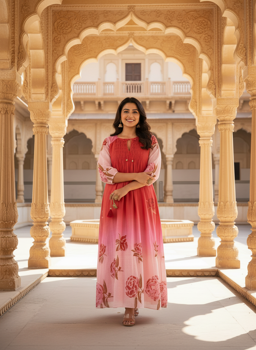 Pink & Red Ombre Rose Print Cotton Dress with Pleated Yoke