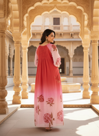 Pink & Red Ombre Rose Print Cotton Dress with Pleated Yoke