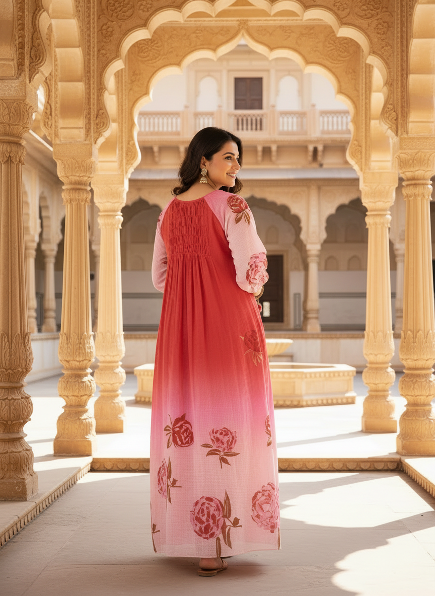 Pink & Red Ombre Rose Print Cotton Dress with Pleated Yoke