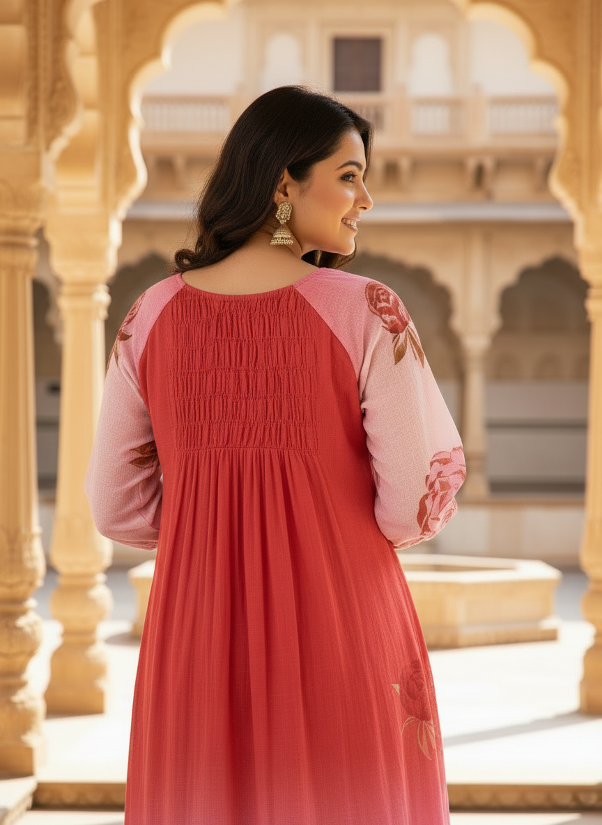 Pink & Red Ombre Rose Print Cotton Dress with Pleated Yoke