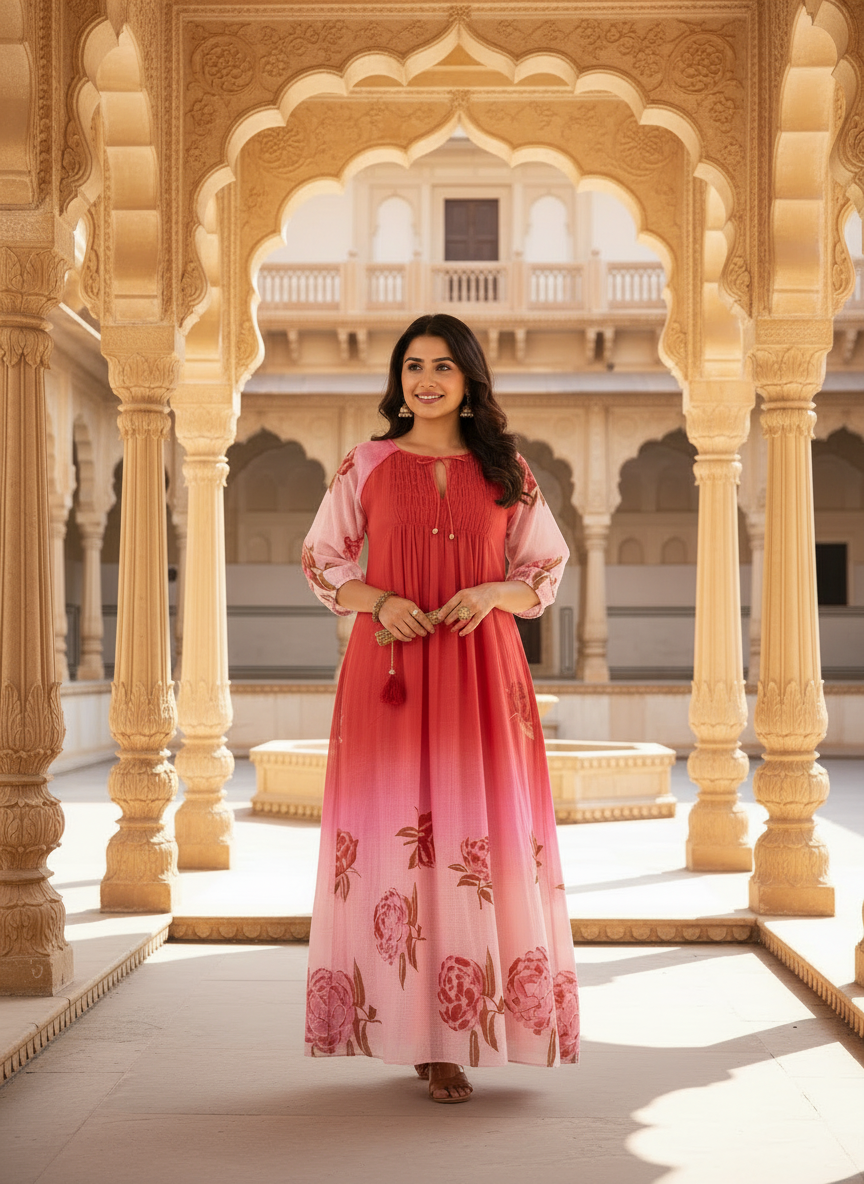 Pink & Red Ombre Rose Print Cotton Dress with Pleated Yoke