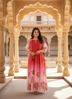 Pink & Red Ombre Rose Print Cotton Dress with Pleated Yoke