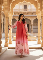 Pink & Red Ombre Rose Print Cotton Dress with Pleated Yoke