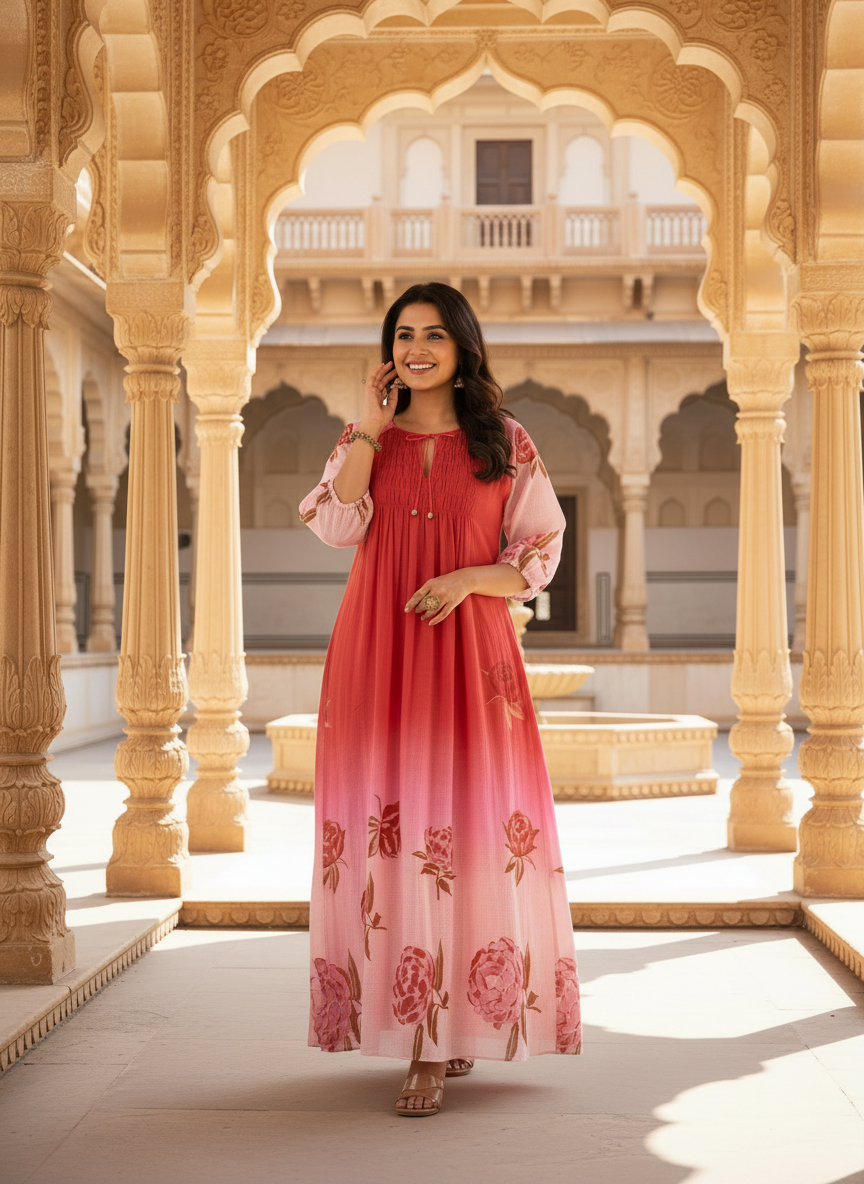 Pink & Red Ombre Rose Print Cotton Dress with Pleated Yoke