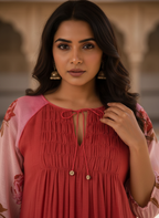 Pink & Red Ombre Rose Print Cotton Dress with Pleated Yoke