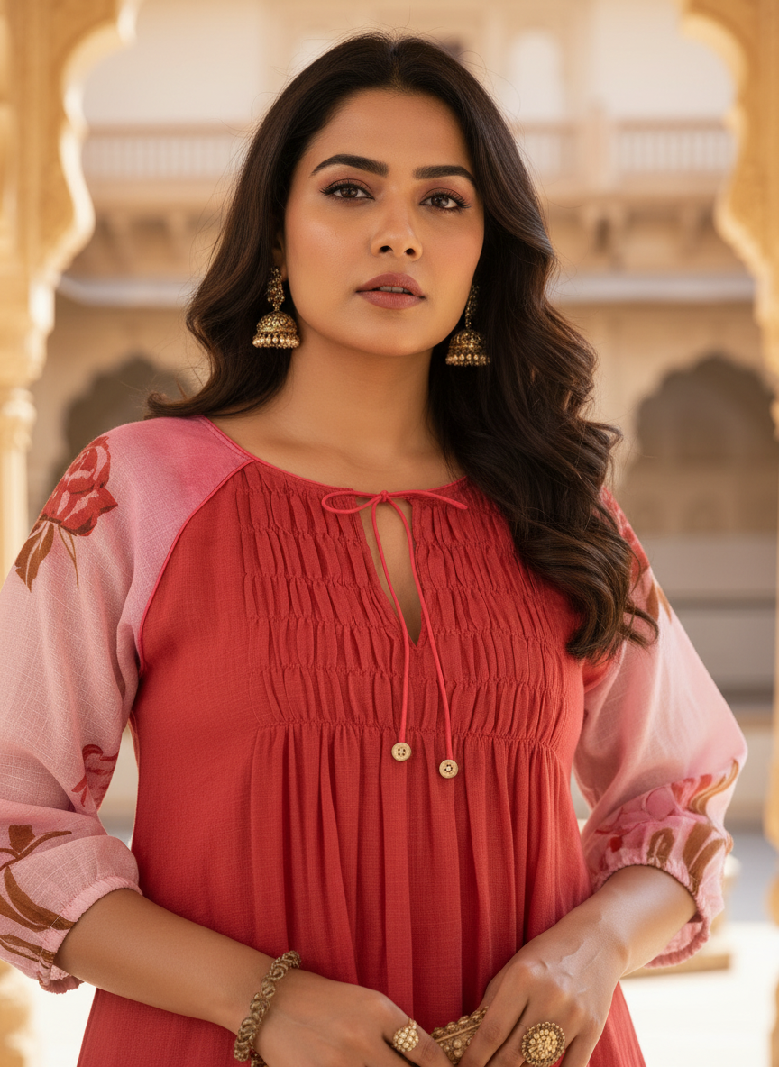 Pink & Red Ombre Rose Print Cotton Dress with Pleated Yoke