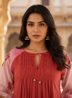 Pink & Red Ombre Rose Print Cotton Dress with Pleated Yoke