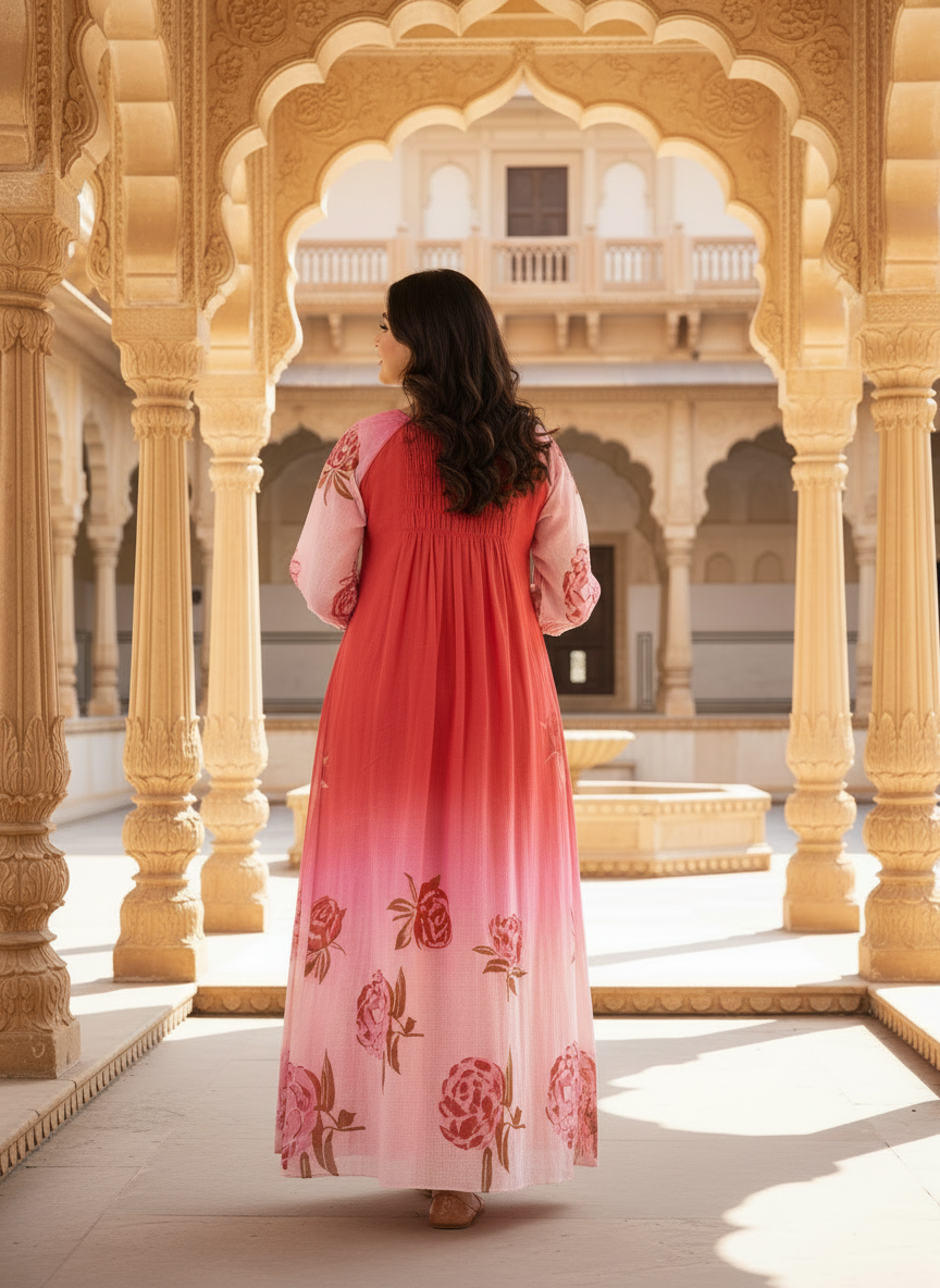 Pink & Red Ombre Rose Print Cotton Dress with Pleated Yoke