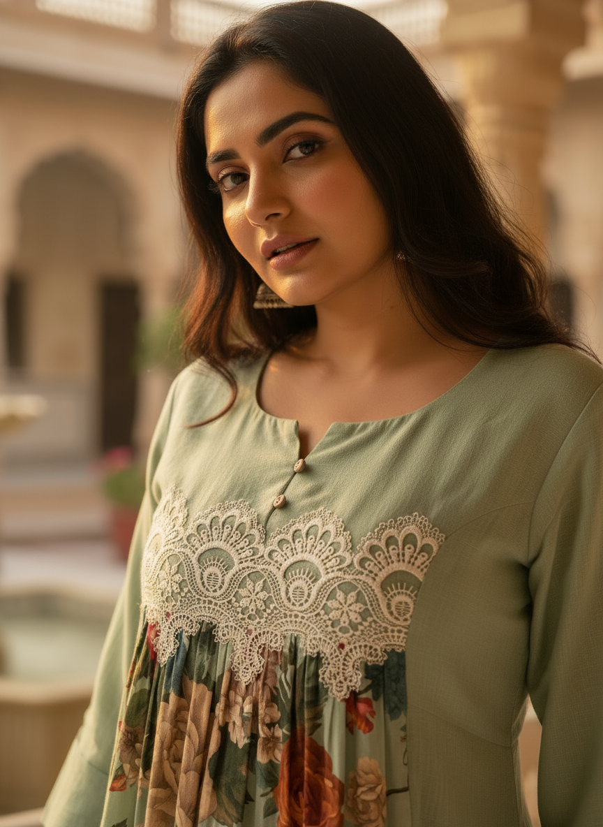 Pale Green Cotton Dress with Floral Satin Center Panel & Cutwork Lace