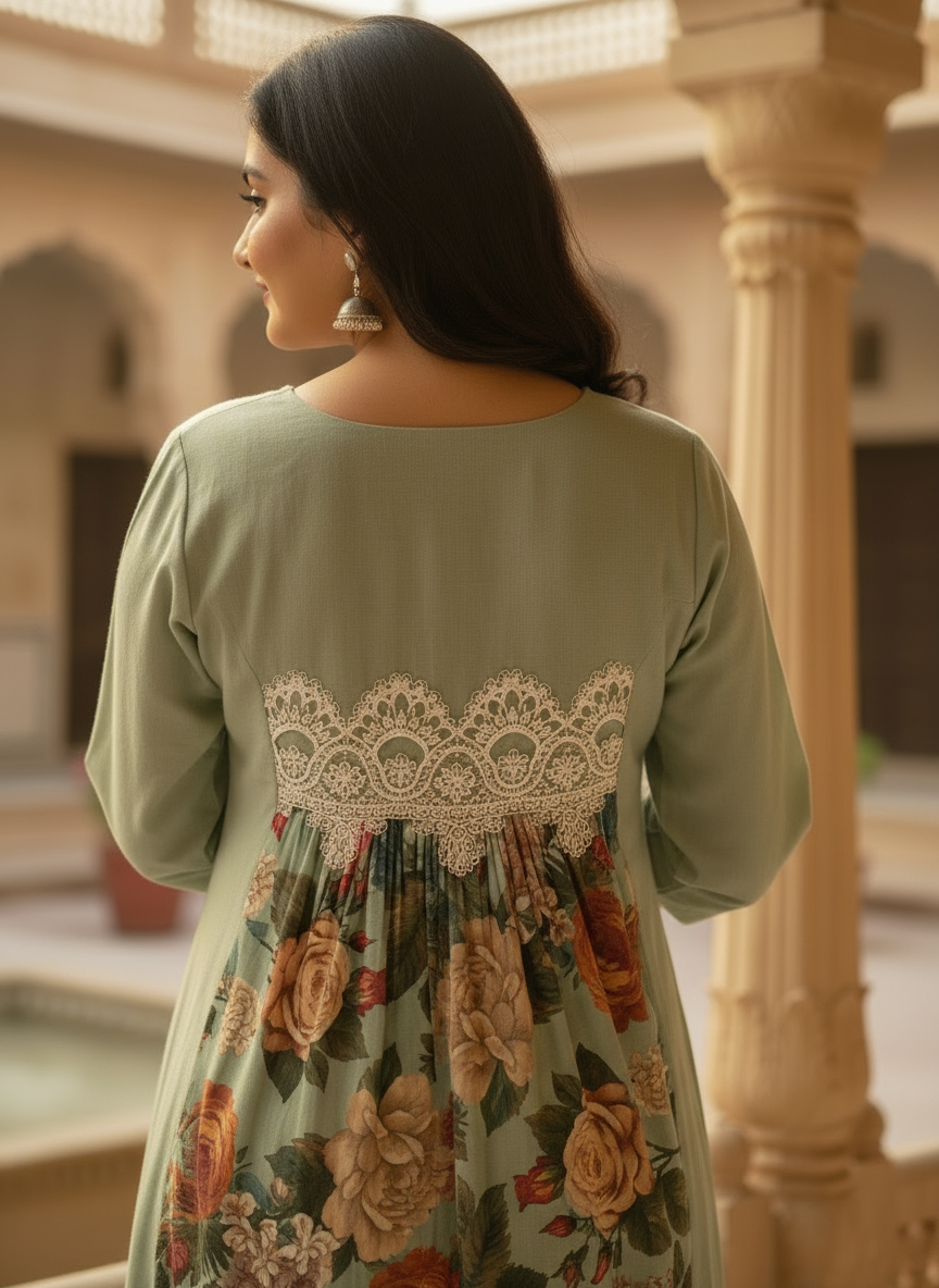 Pale Green Cotton Dress with Floral Satin Center Panel & Cutwork Lace