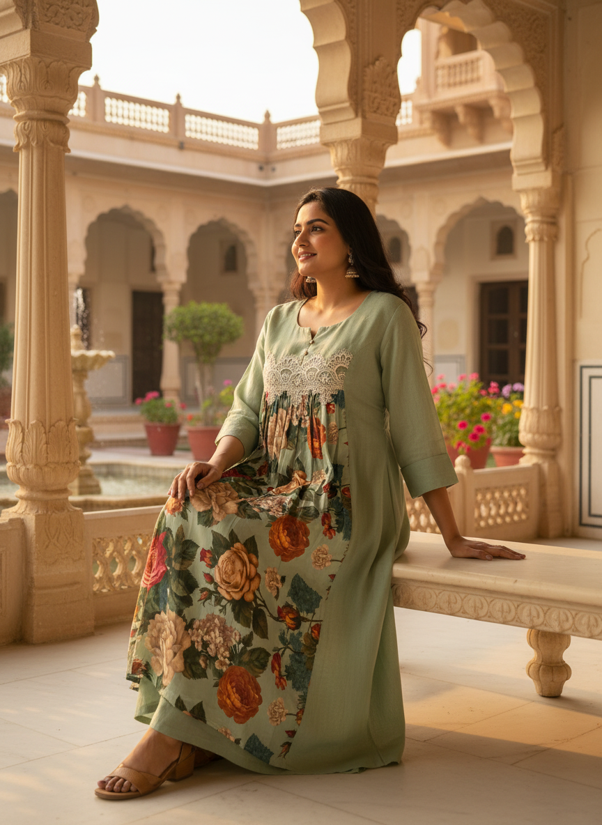 Pale Green Cotton Dress with Floral Satin Center Panel & Cutwork Lace