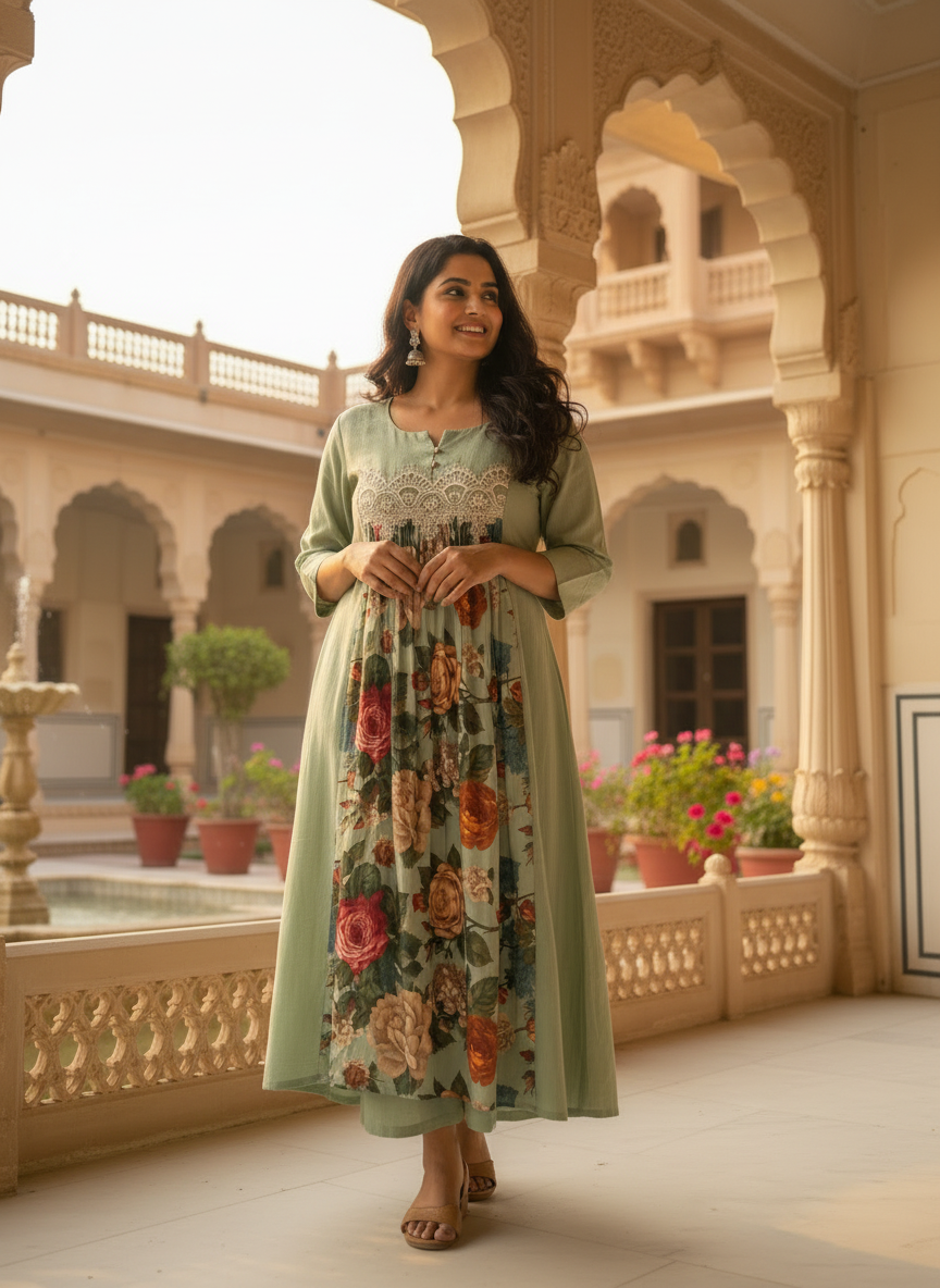 Pale Green Cotton Dress with Floral Satin Center Panel & Cutwork Lace