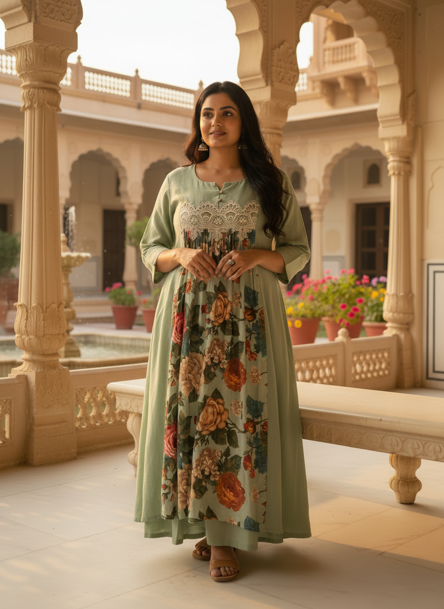 Pale Green Cotton Dress with Floral Satin Center Panel & Cutwork Lace