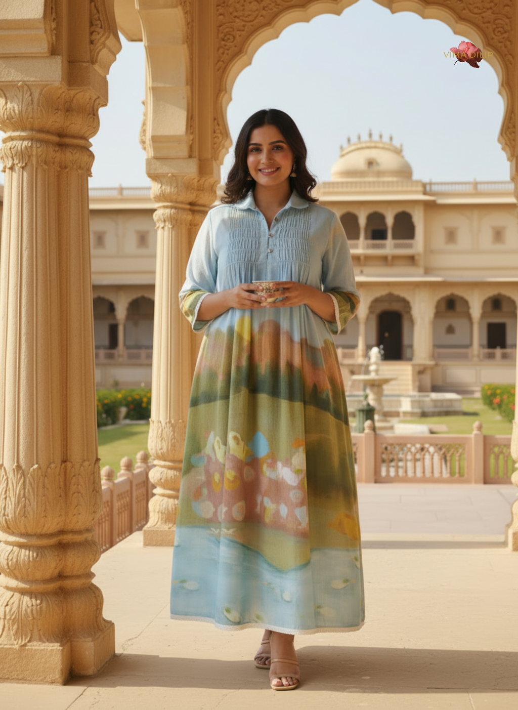 Sky Blue Scenic Print Cotton Dress