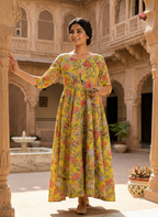 Mustard Floral Cotton Kota Dress with Kallies