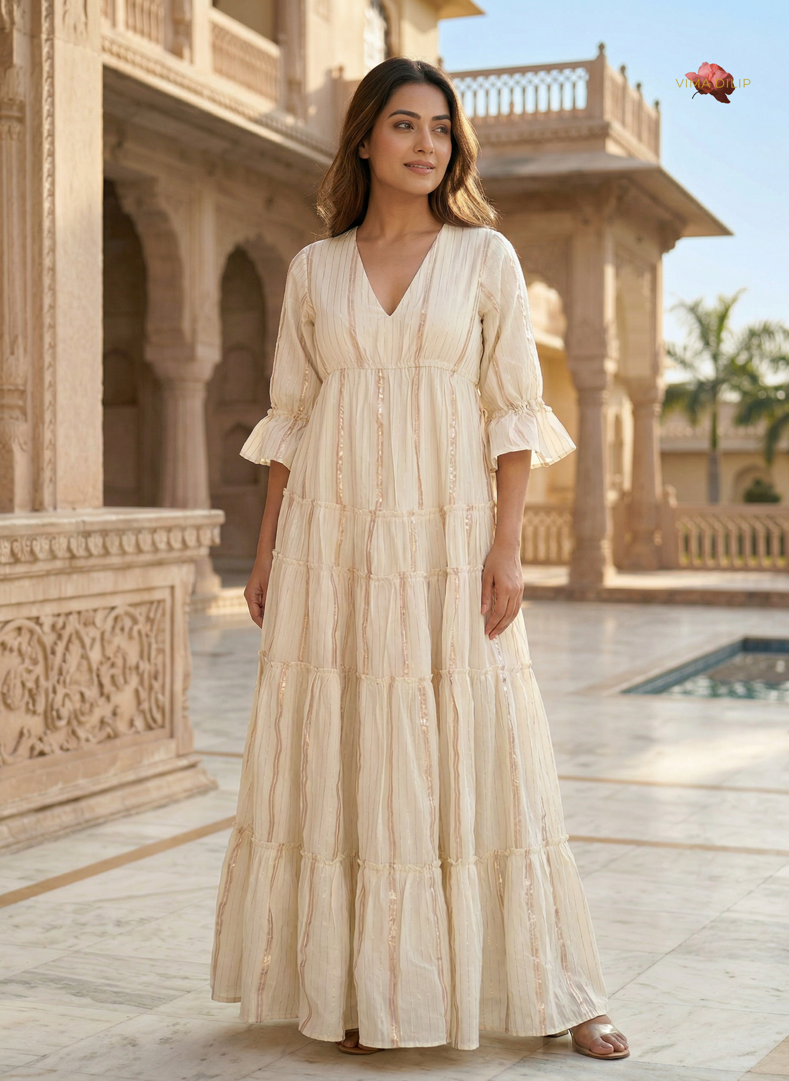 Golden Lined Off-White Layered Dress Vima Dilip Golden Lined Off-White Layered Dress Vima Dilip