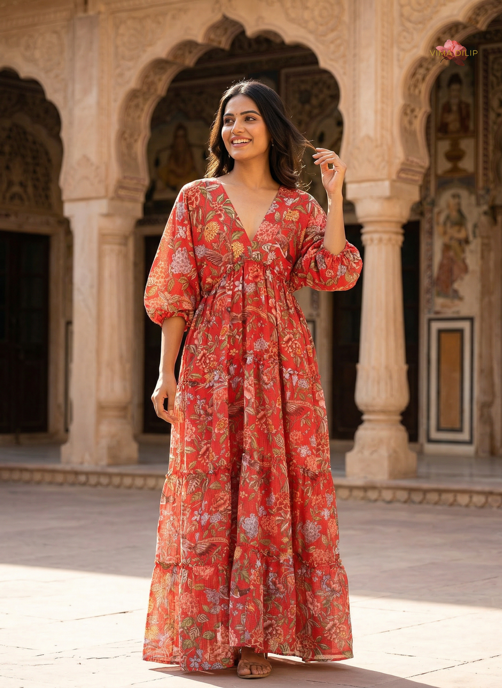 Red Floral Cotton Kota Layered Dress