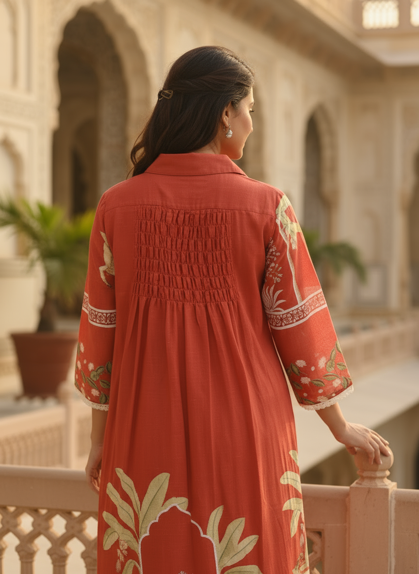 Rust cotton collared printed dress with pintuck detailing