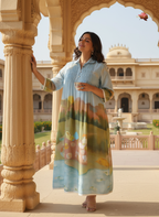 Sky Blue Scenic Print Cotton Dress