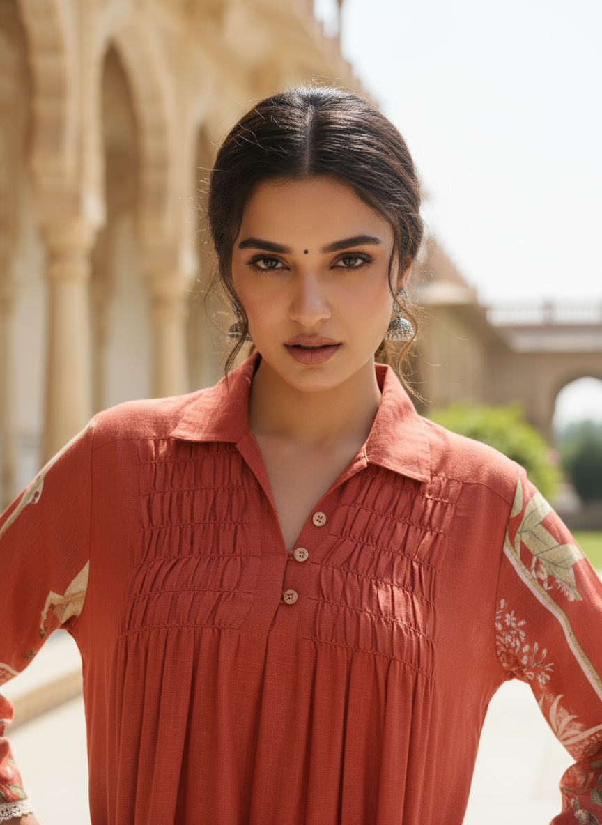 Rust cotton collared printed dress with pintuck detailing