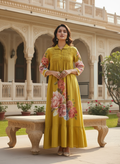 Mustard Cotton collared Dress with Smocked Yoke, Floral Print and Lace Details