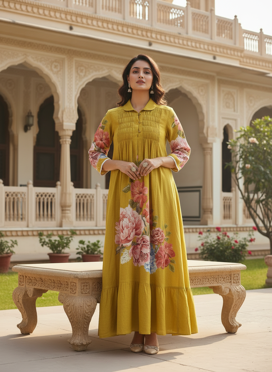 Mustard Cotton collared Dress with Smocked Yoke, Floral Print and Lace Details