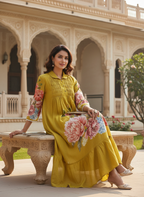 Mustard Cotton collared Dress with Smocked Yoke, Floral Print and Lace Details