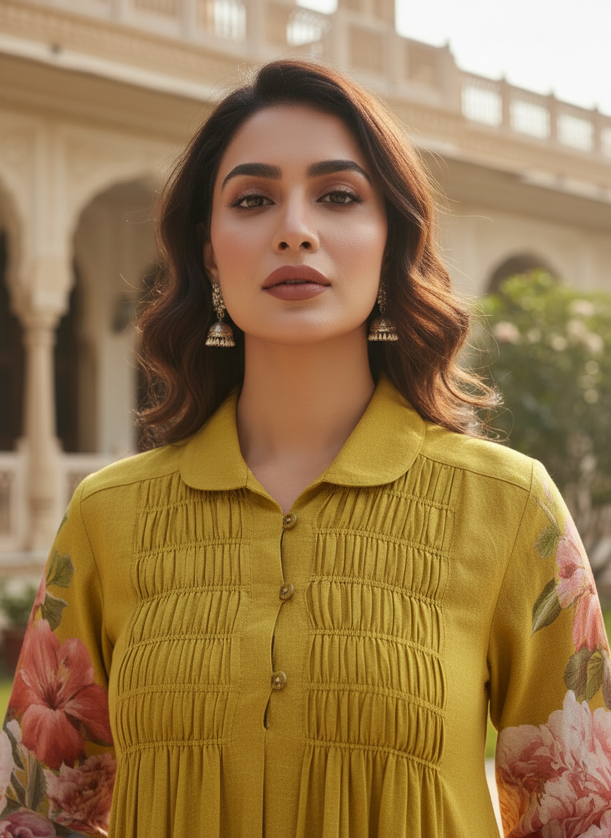 Mustard Cotton collared Dress with Smocked Yoke, Floral Print and Lace Details