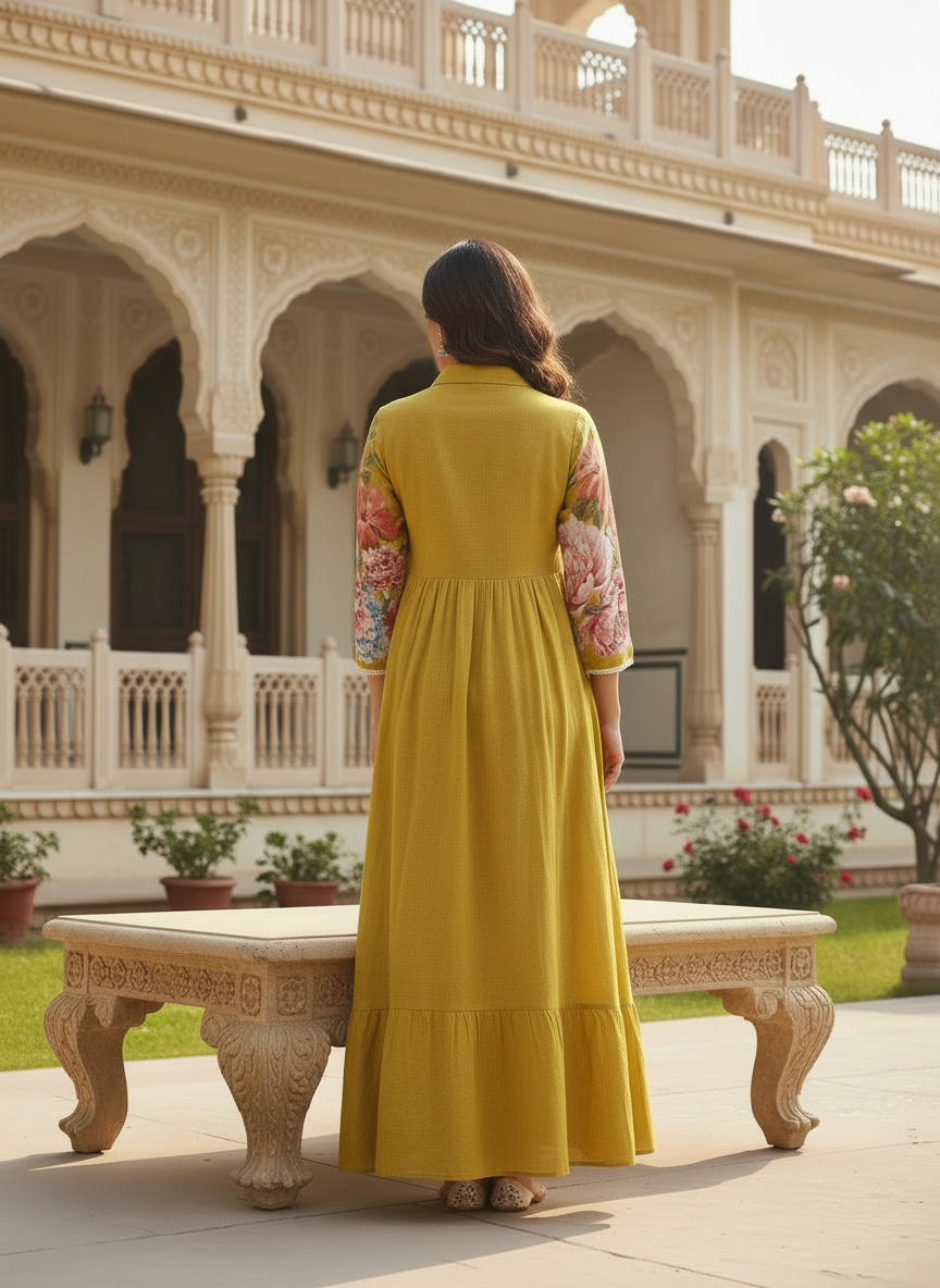 Mustard Cotton collared Dress with Smocked Yoke, Floral Print and Lace Details