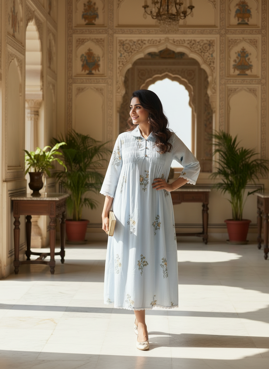 Powder Blue Cotton Collared Dress with Smocked Yoke and Lace Details