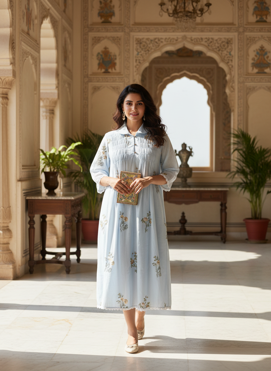 Powder Blue Cotton Collared Dress with Smocked Yoke and Lace Details