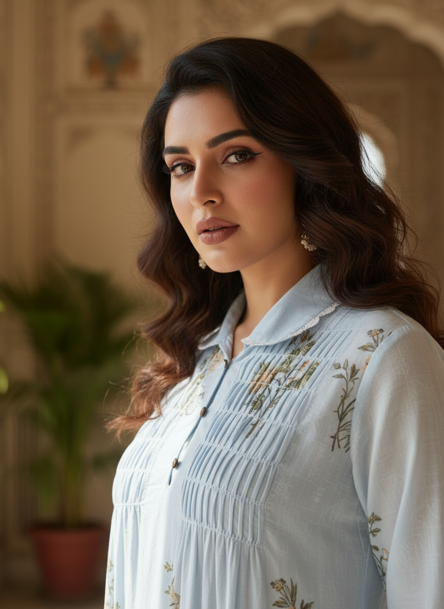 Powder Blue Cotton Collared Dress with Smocked Yoke and Lace Details