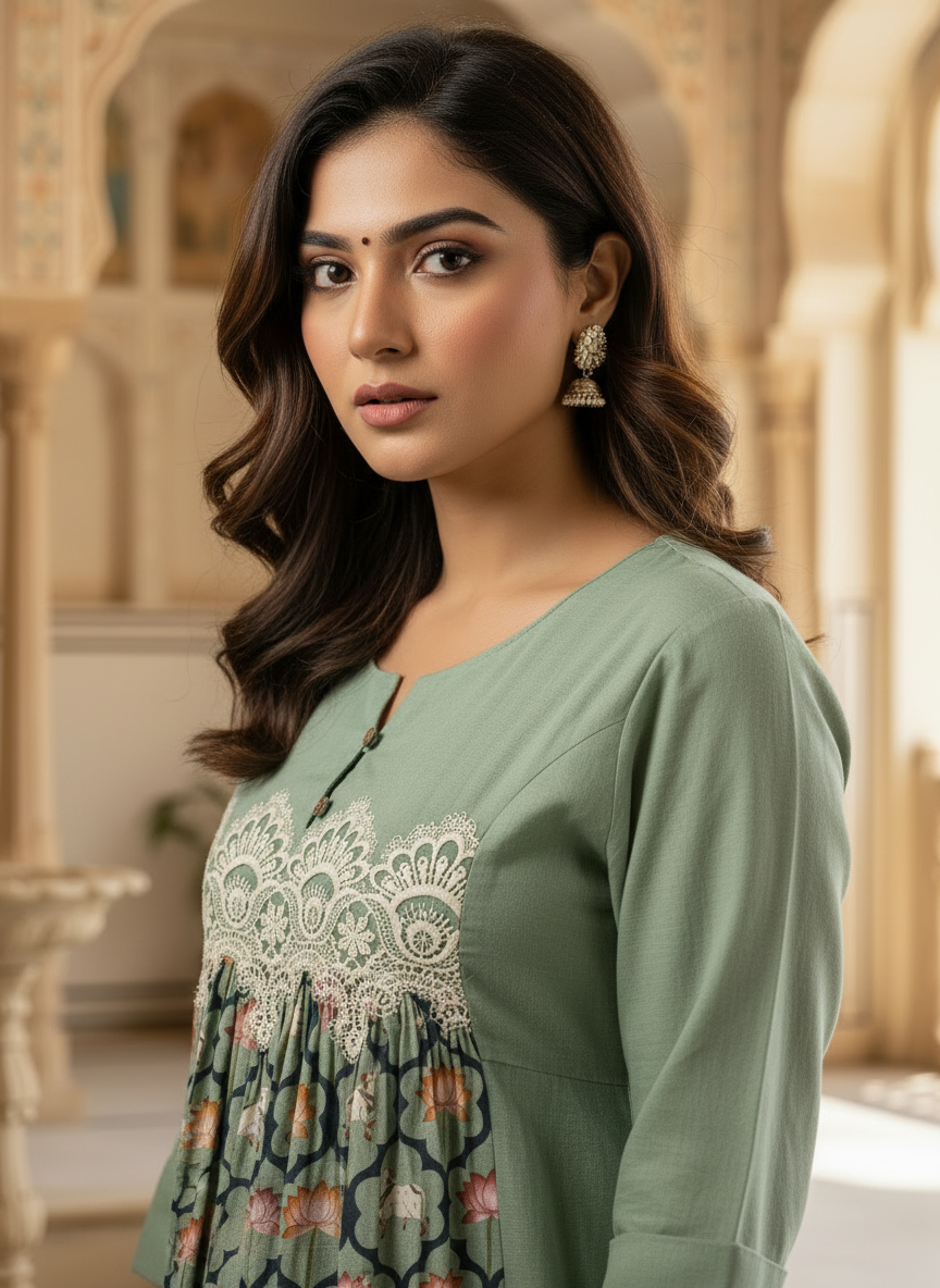 Sage Green Cotton Dress with Lace Yoke and Printed Panel.