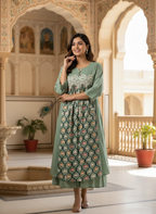 Sage Green Cotton Dress with Lace Yoke and Printed Panel.