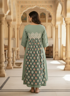 Sage Green Cotton Dress with Lace Yoke and Printed Panel.