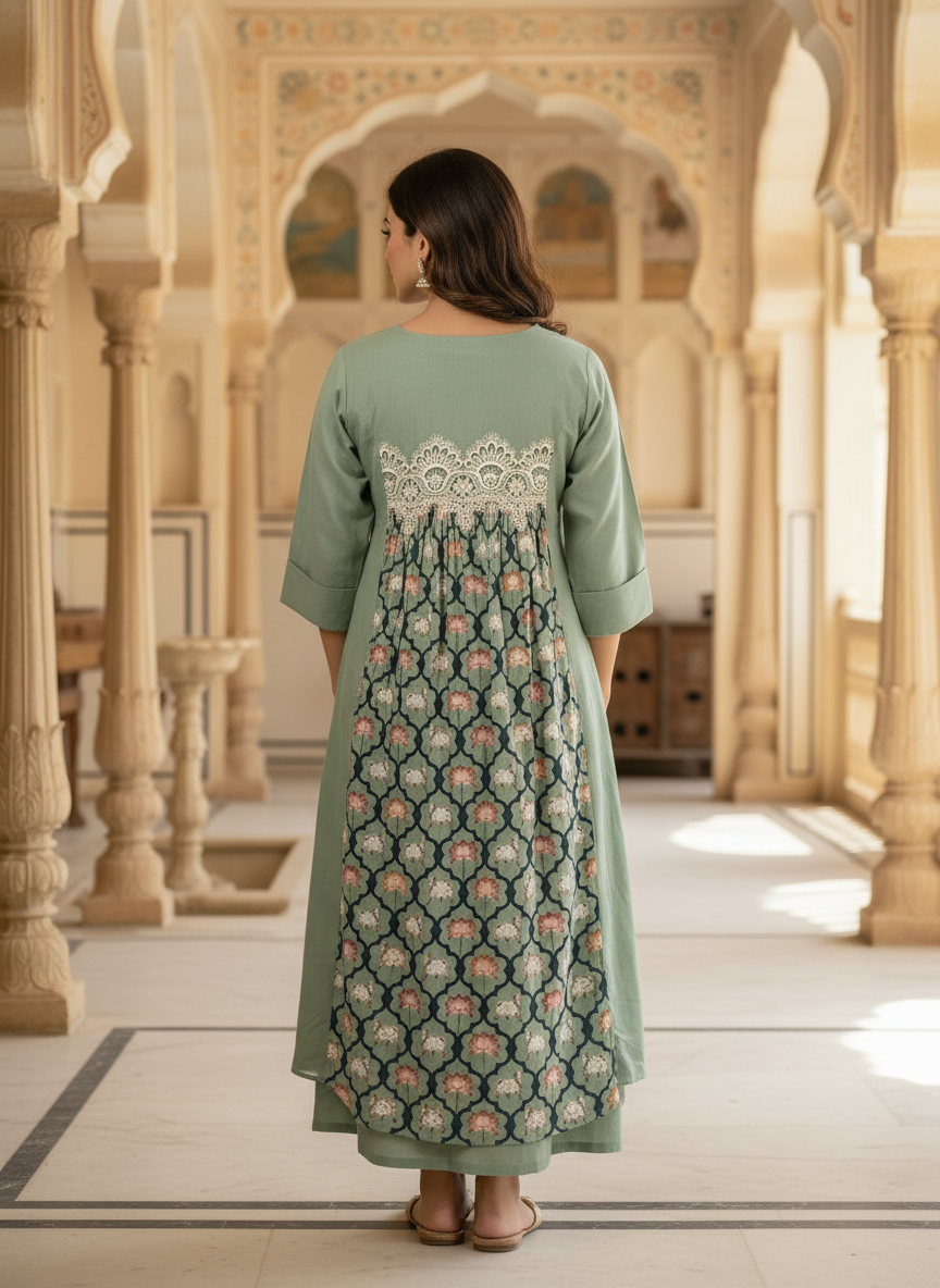 Sage Green Cotton Dress with Lace Yoke and Printed Panel.