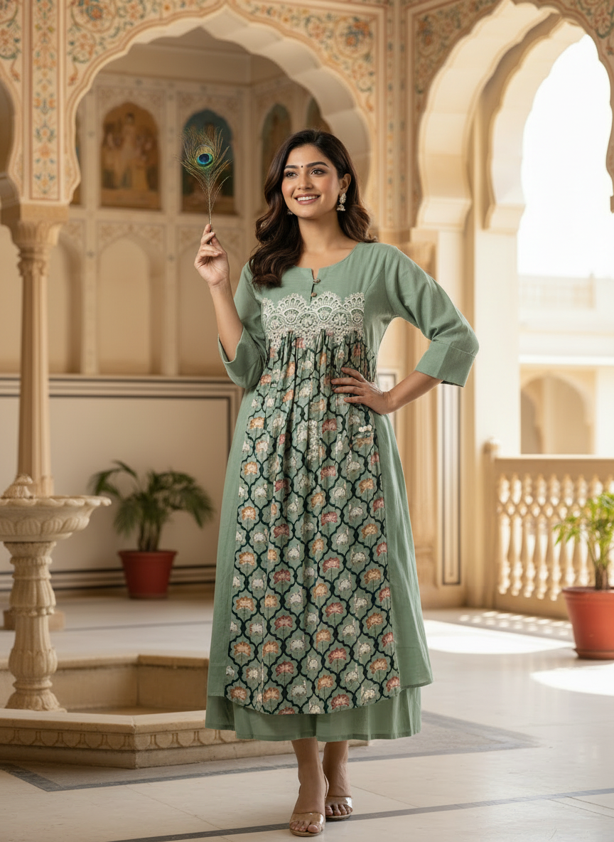 Sage Green Cotton Dress with Lace Yoke and Printed Panel.