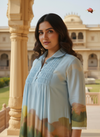 Sky Blue Scenic Print Cotton Dress