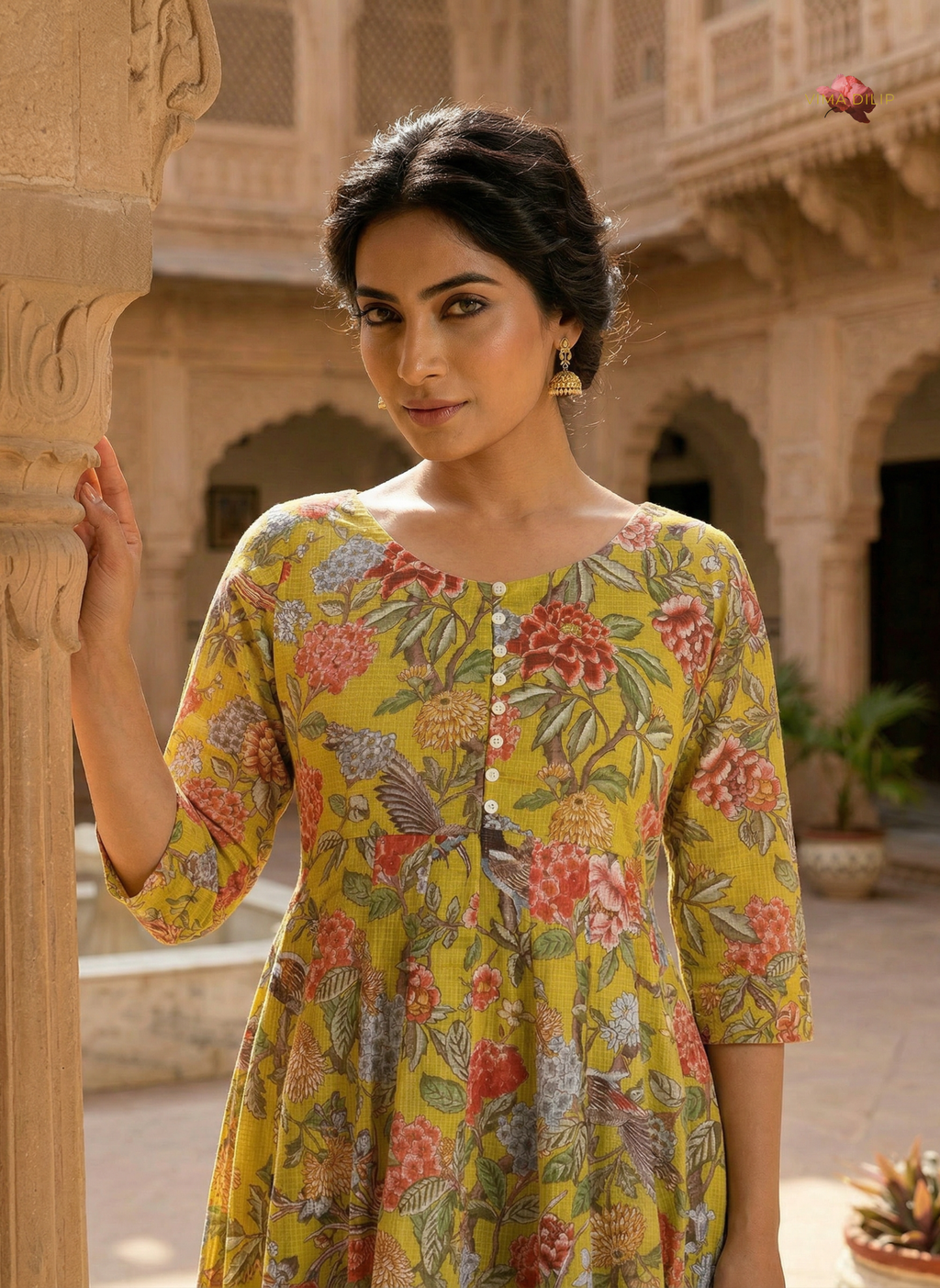 Mustard Floral Cotton Kota Dress with Kallies