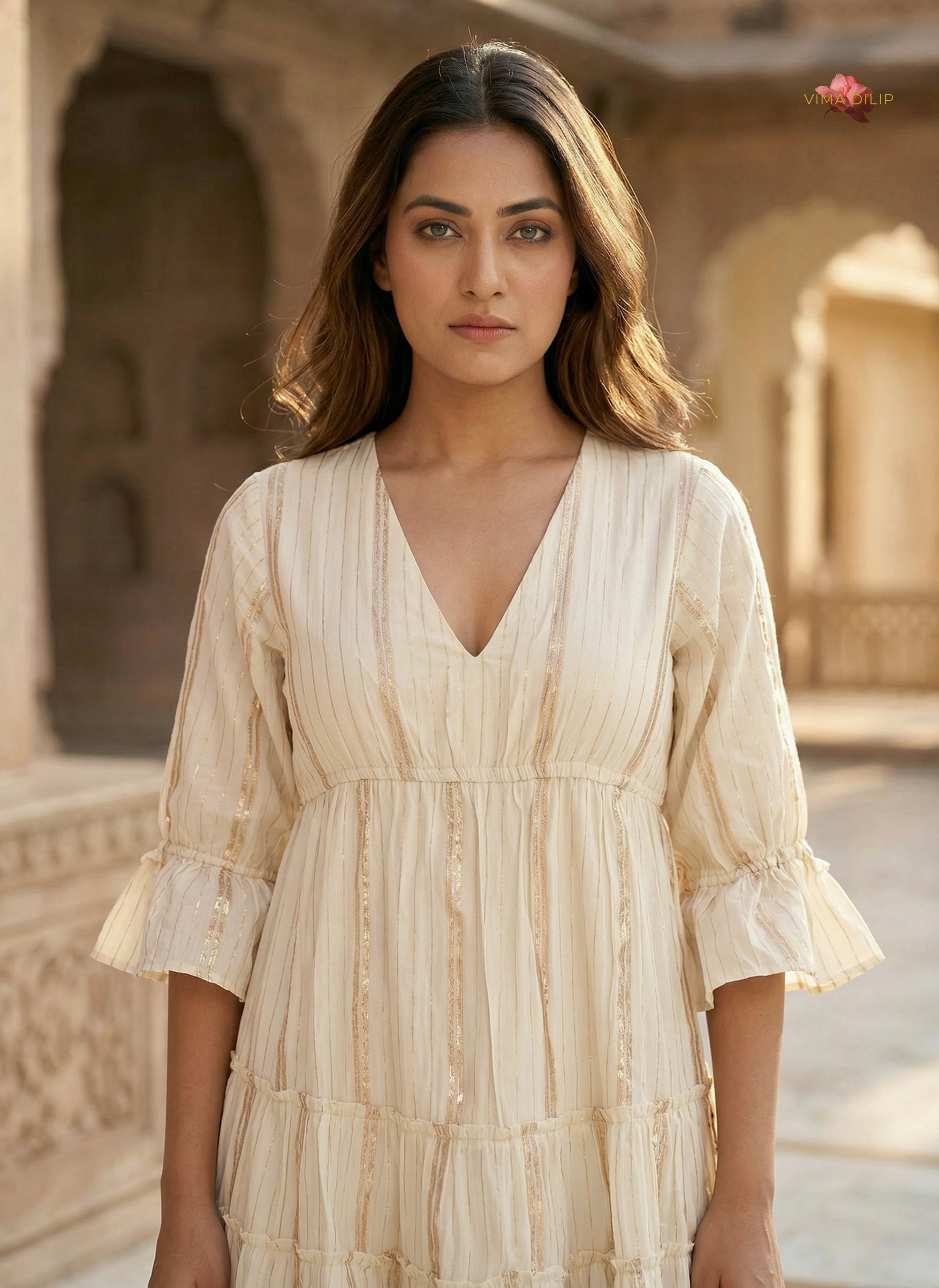 Golden Lined Off-White Layered Dress Vima Dilip Golden Lined Off-White Layered Dress Vima Dilip